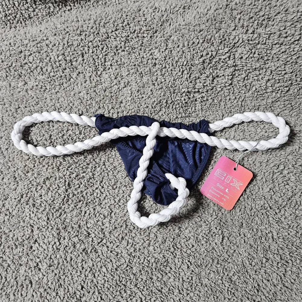 Navy Blue Bikini Swim Bottom with White Rope Detail - Picture 2 of 7